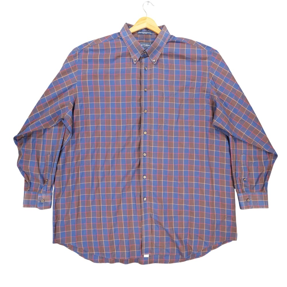 Paul Fredrick Button Down Mens 19-36 Blue Brown Cotton Plaid‎ Dobby Shirt